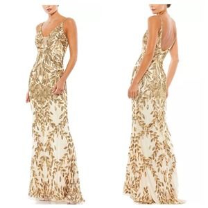 Mac Duggal Embellished Leaf Evening Gown Nude/Gold Size 14 NWT